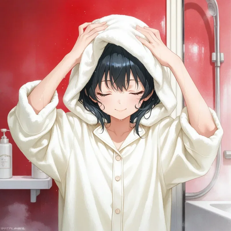 風呂上がりに髪をタオルで拭いている女の子