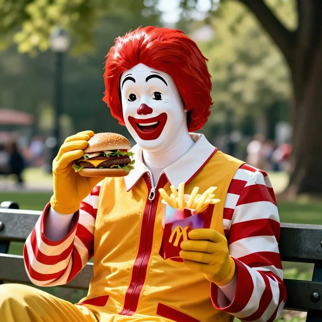 ronald mcdonald holding burger fries