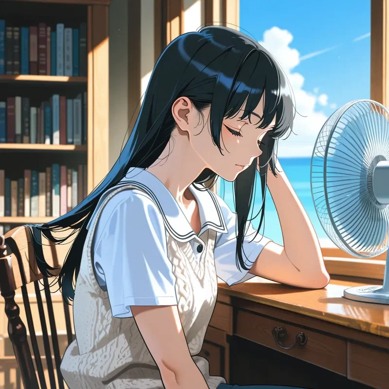 誰もいない夏休みの図書室で、扇風機の風が気持ち良すぎてついウトウトしてしまう少女