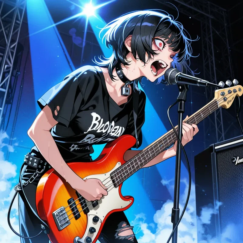 ベースギターを弾いて熱くシャウトしているバンド女子２