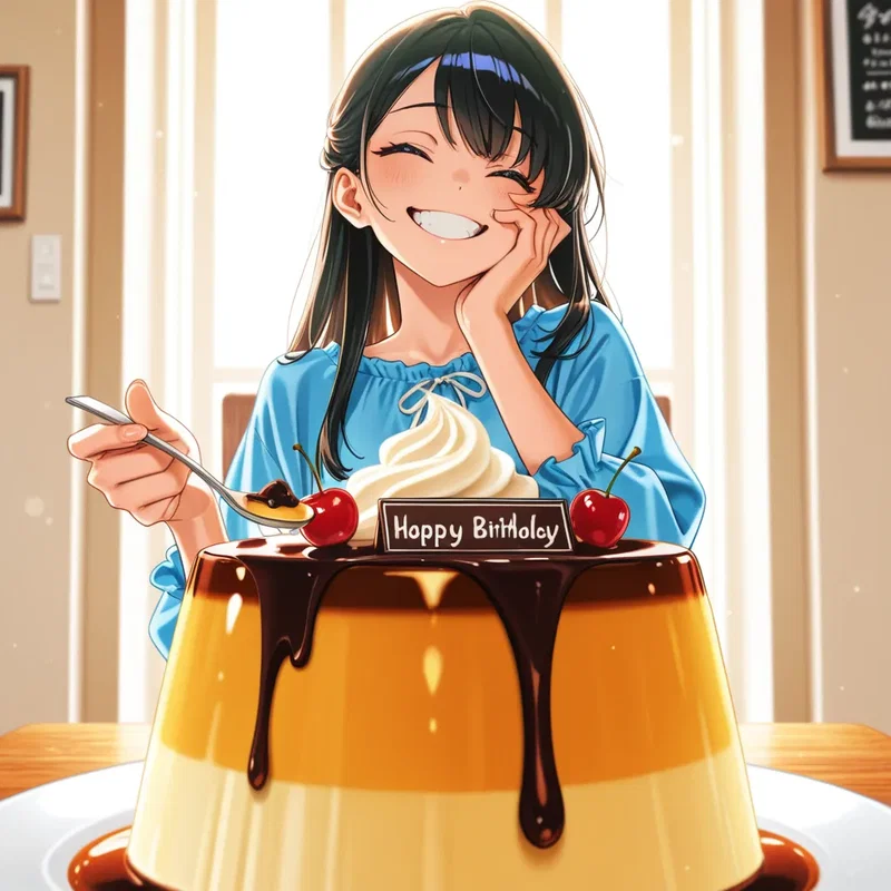 誕生日に家族が作ってくれたバケツプリンにニヤケ顔が収まらないプリン大好き女の子