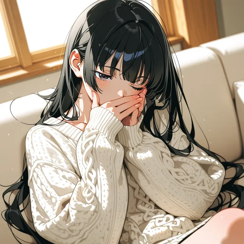眠くなってあくびが出そうなところを手で押さえる女の子