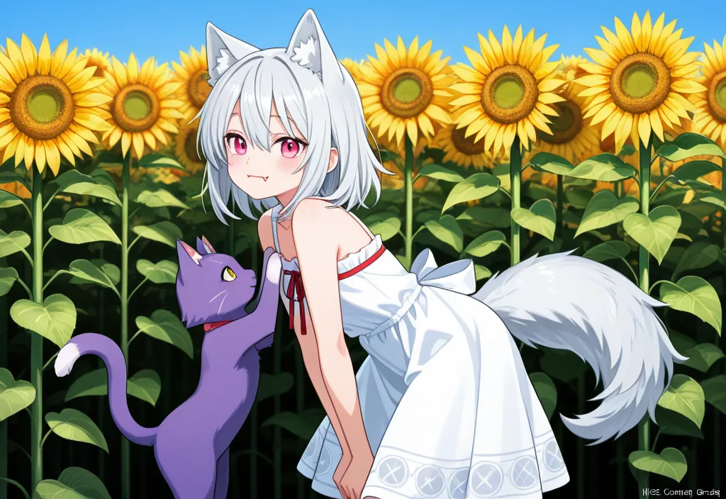 紫の猫とツーショット