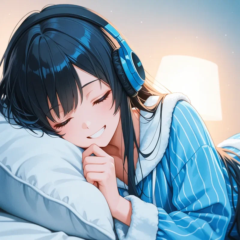 自室のベッドの上で、大きなヘッドホンを耳に当てながら音楽にノリノリで目を瞑る女の子２