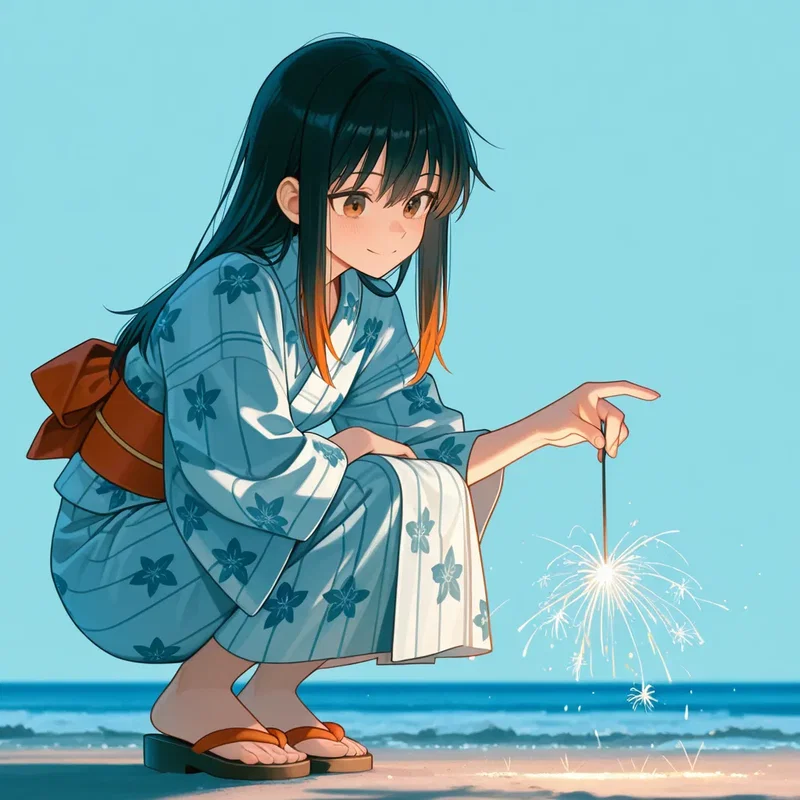 線香花火をする浴衣の少女