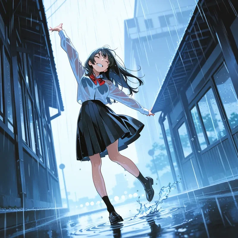 雨の中、傘もささずに踊って喜びを表現する女の子
