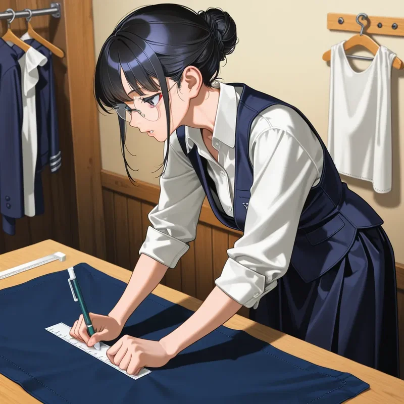 布を裁断するためにチャコペンで印を付けているテーラーの女の子