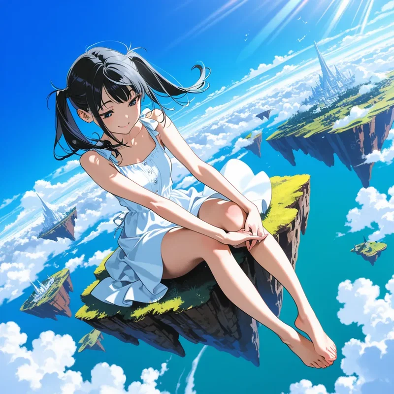 小さな浮島に乗って大空を旅してる女の子