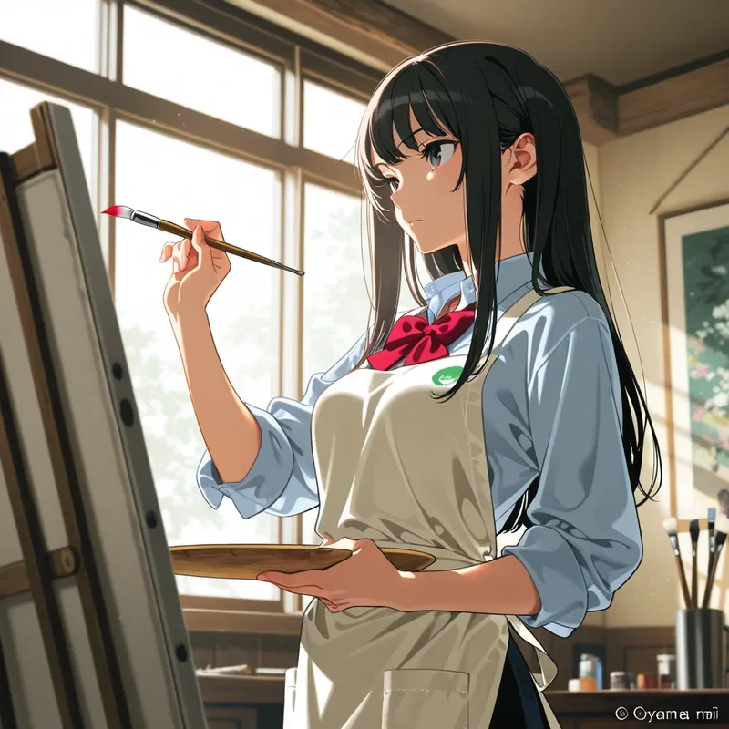 油絵を描く美術部の女の子