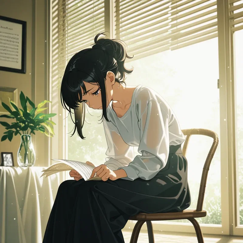 昔の楽譜を見つけ窓辺でページをめくるうちにあの頃ピアノにかけた情熱を思い出して涙ぐんでしまう元ピアニストの女の子