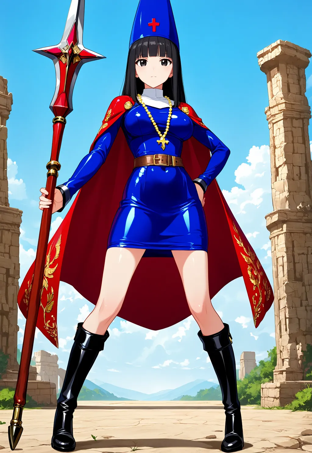 ロイヤルブルーのレザーミニドレスアニメ風聖女26.10.8-2-2