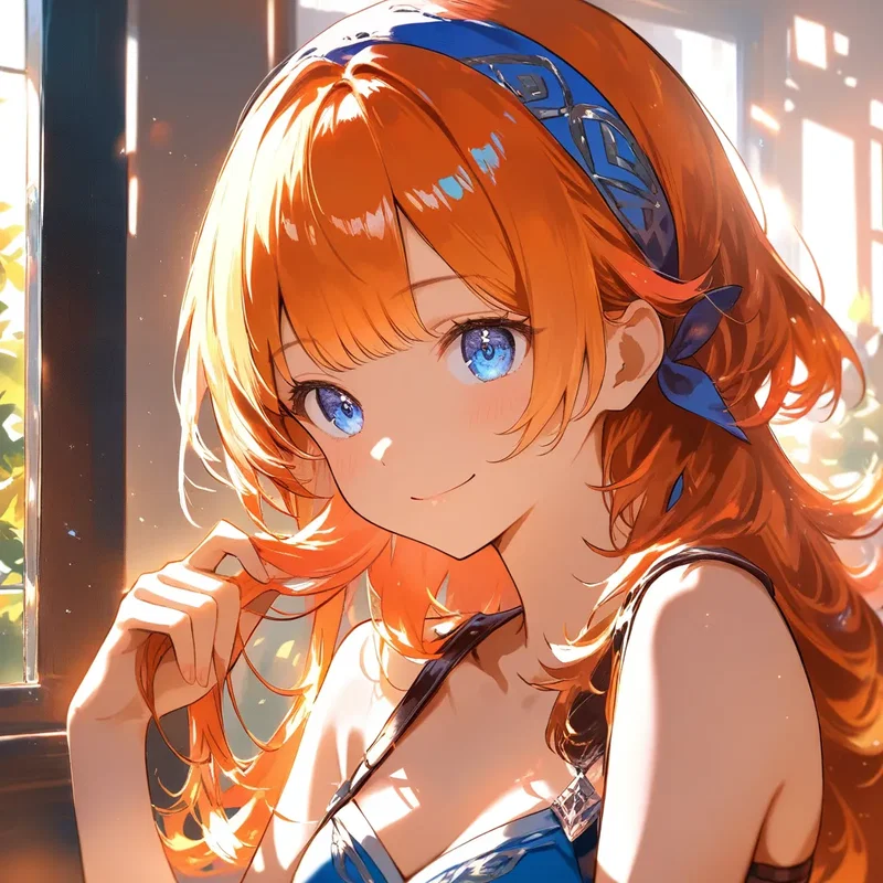 オレンジ髪をいじる青いバンダナの少女
