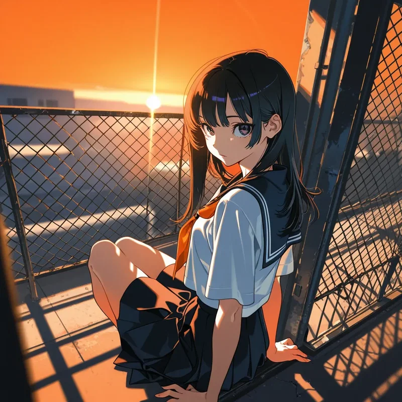 夕陽と金網とセーラー服