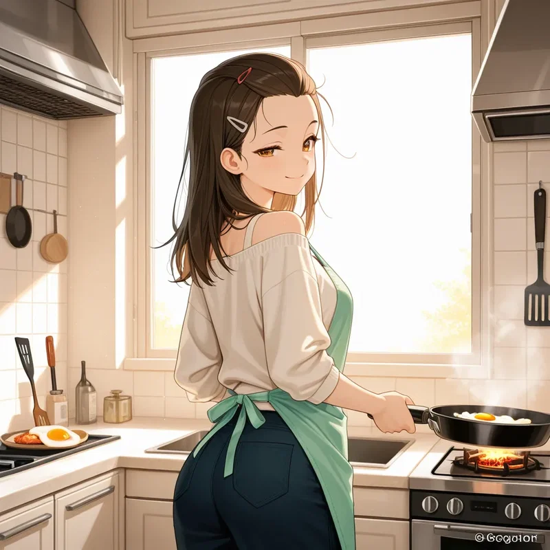 前髪をヘアピンで無造作に止めて調理をする女性