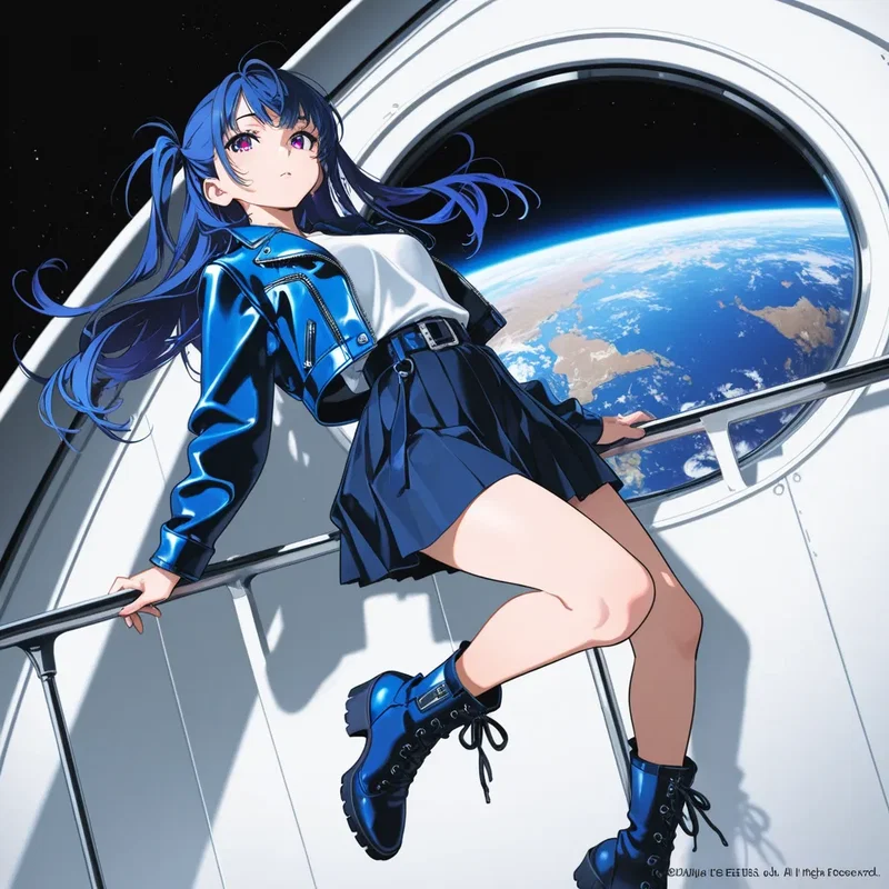 宇宙船の中で無重力状態で手すりにつかまって浮かんでいる女の子