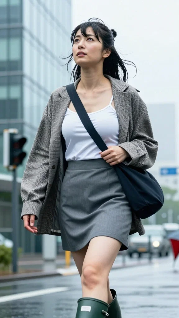 japanese woman walking in rain with bag