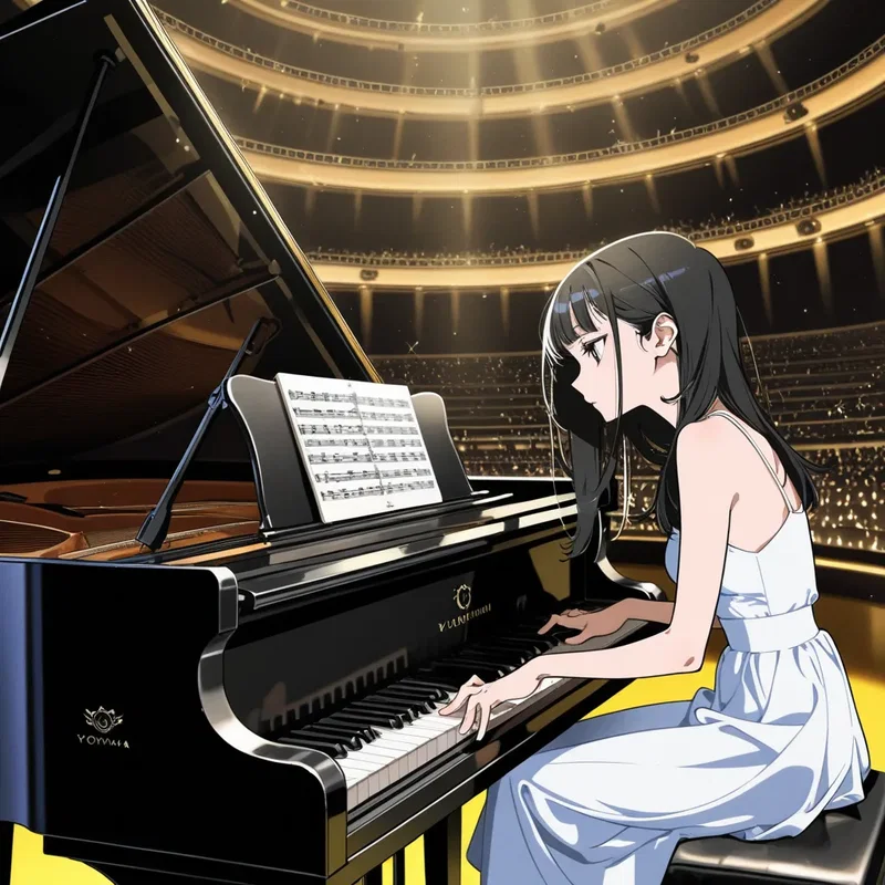コンサートホールでピアノを演奏する女の子