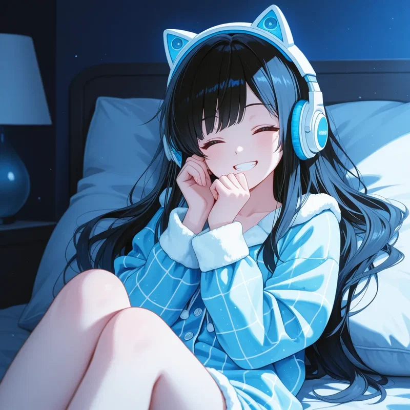 自室のベッドの上で、大きなヘッドホンを耳に当てながら音楽にノリノリで目を瞑る女の子3