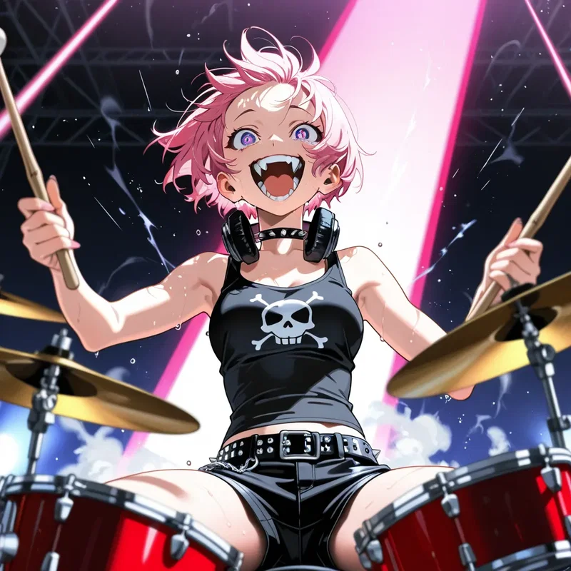 ドラムを叩いて熱くシャウトしているバンド女子１