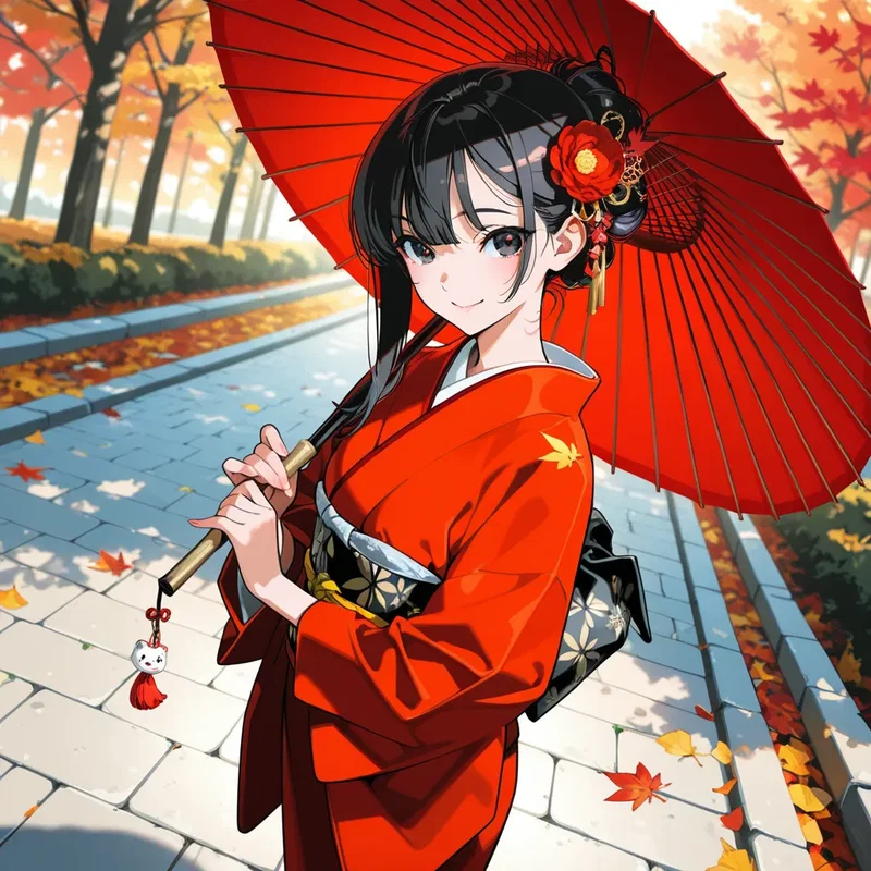 京都の紅葉の小径を和傘を差して歩く着物美女