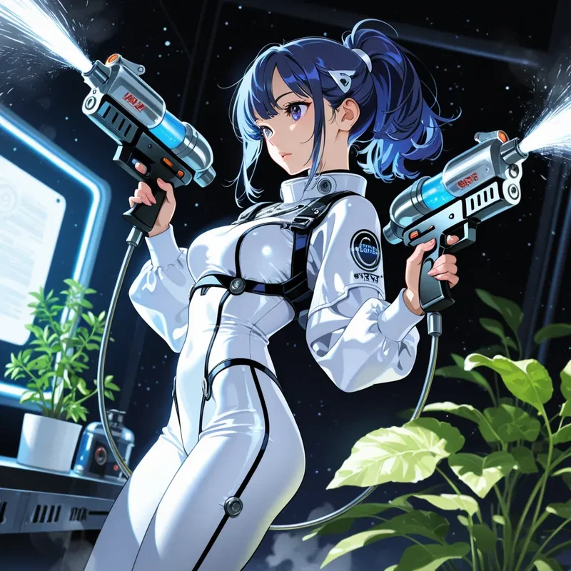 宇宙船の植物プラントの中でスプレーガンで霧吹きをする女の子