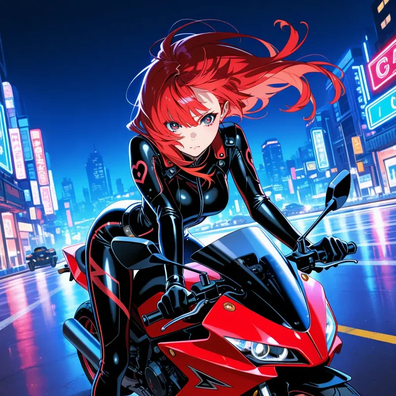 未来バイクにまたがる赤髪の女性