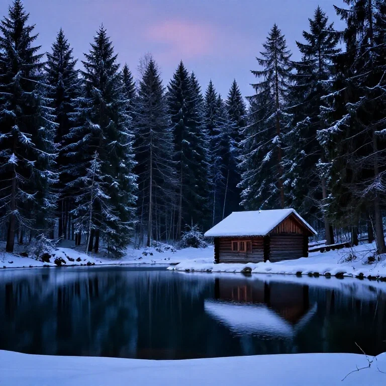 beautiful forest lake with hut