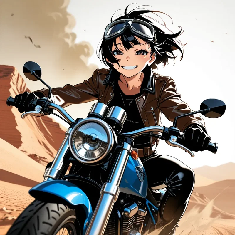 荒れ果てた荒野をバイクで走る女の子