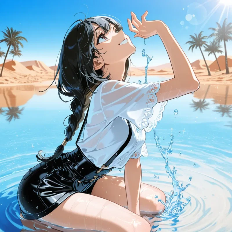 砂漠を彷徨い歩きようやくオアシスを見つけ歓喜の表情を浮かべる女の子