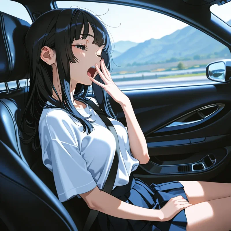 車の中で大あくびする女の子