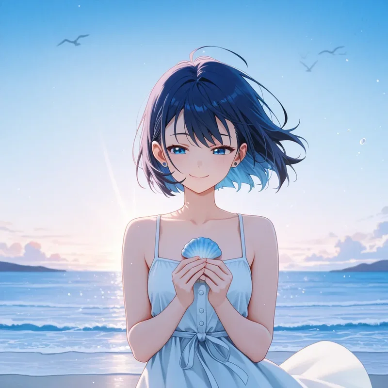 貝殻を胸に抱き何かを思う少女