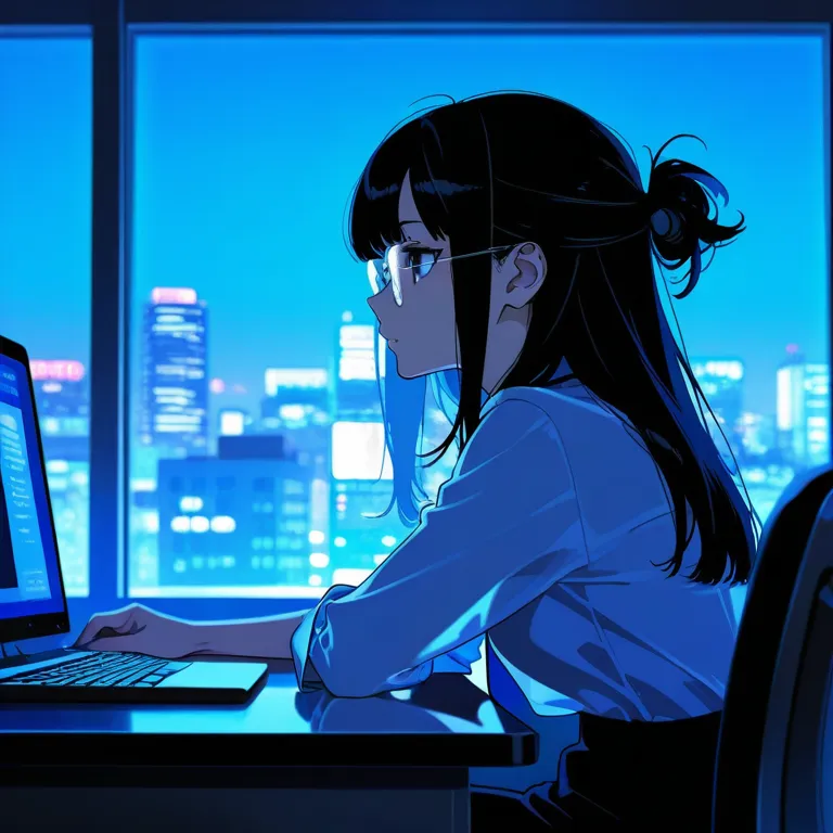 深夜までオフィスで働く女性