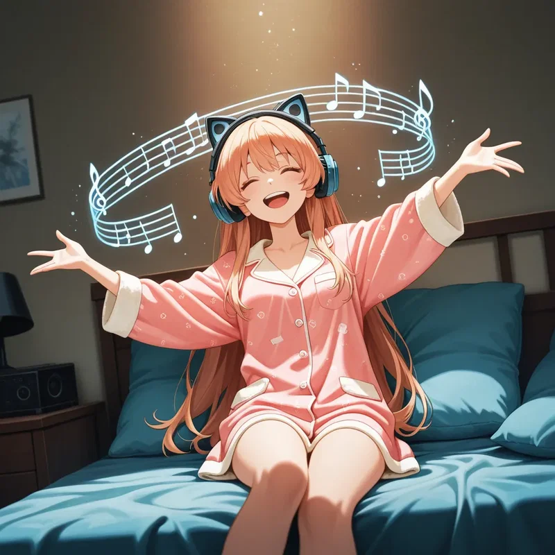 ヘッドホンで音楽を聴いてノリノリの女の子