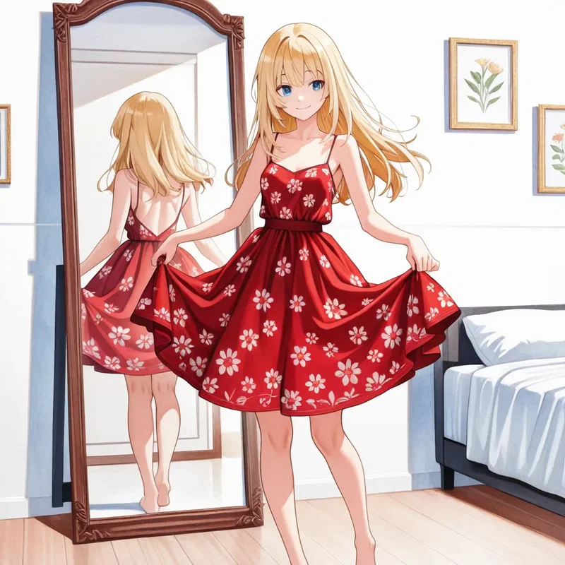 赤い花柄ドレスの女の子