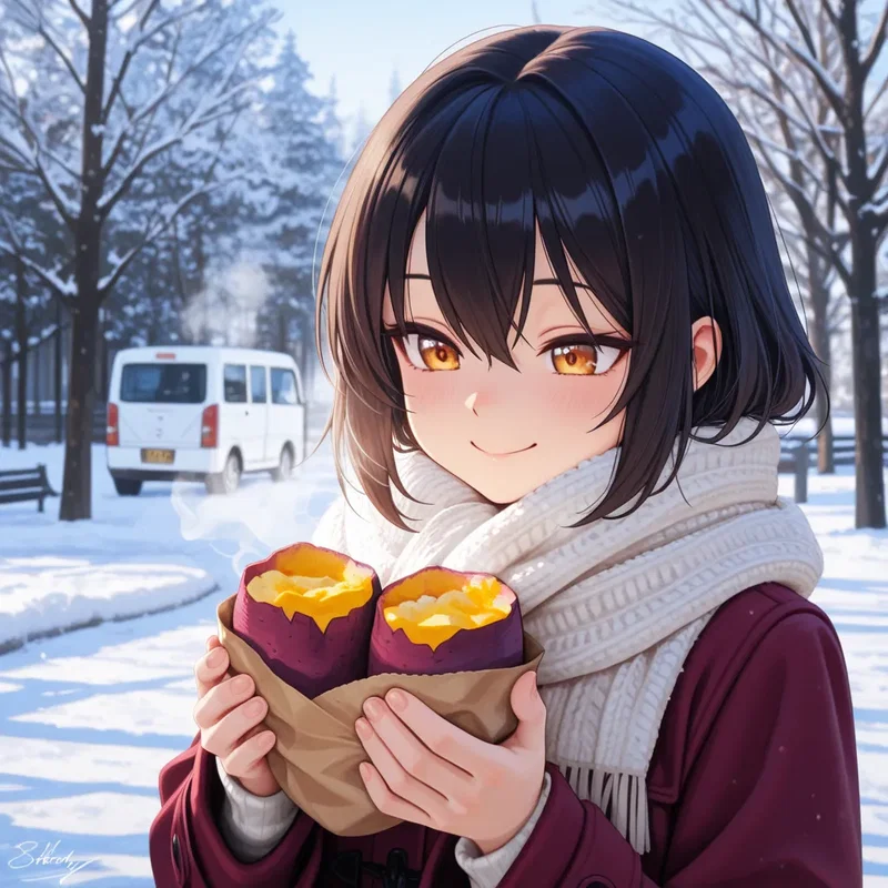 焼き芋を割った時の湯気がたまらない焼き芋大好き少女