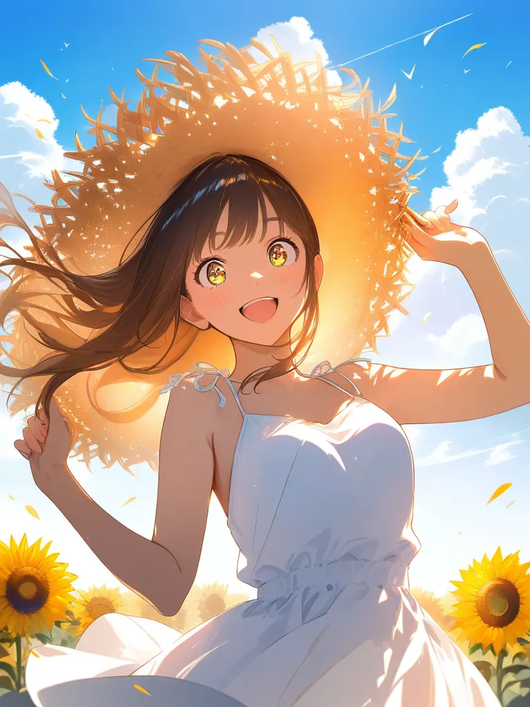 向日葵と麦わら帽女子
