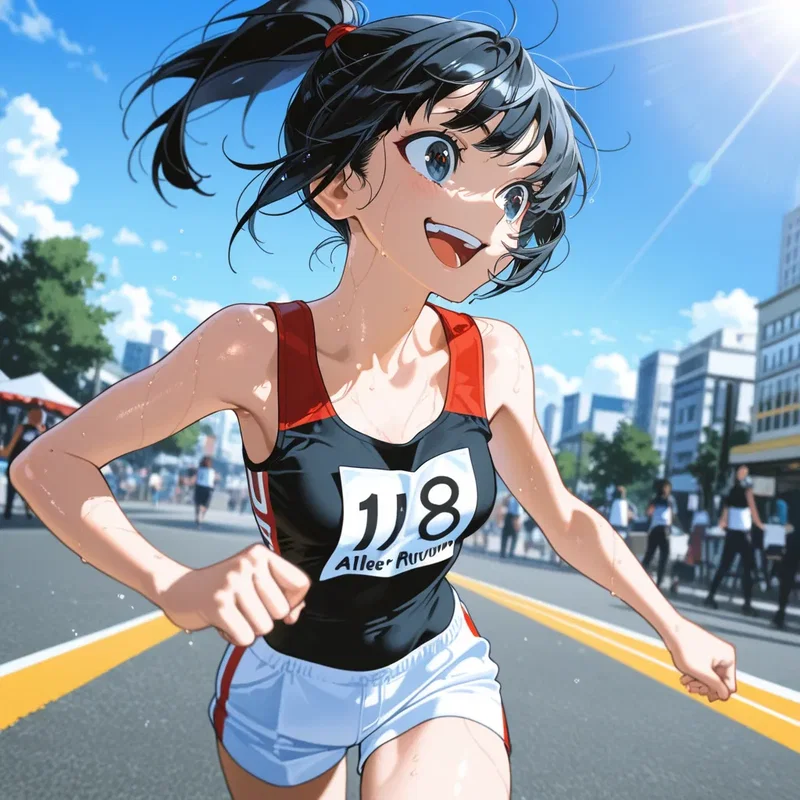 沿道で自分を応援してくれる人を見つけ嬉しくなってしまったマラソンランナーの女の子