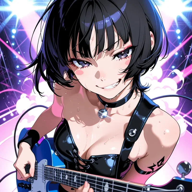 満員のライブハウスでエレキギターを演奏し、非常に反抗的で得意げな表情でロックを奏でている少女ギタリスト