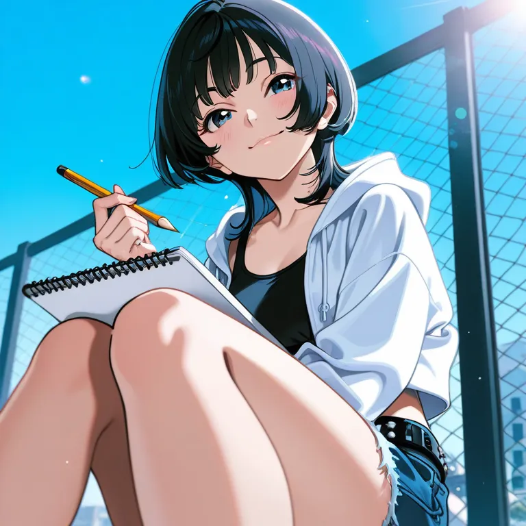 スケッチブックを持って鉛筆で風景の写生をしている女の子