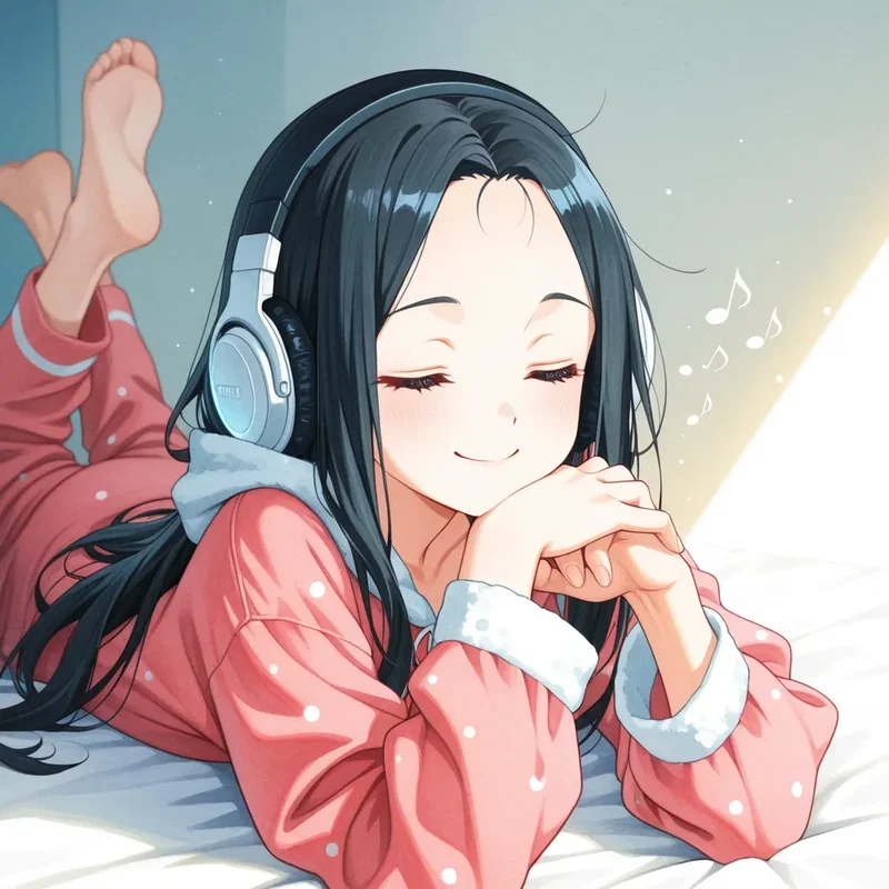 自室のベッドの上で、大きなヘッドホンを耳に当てながら音楽にノリノリで目を瞑る女の子