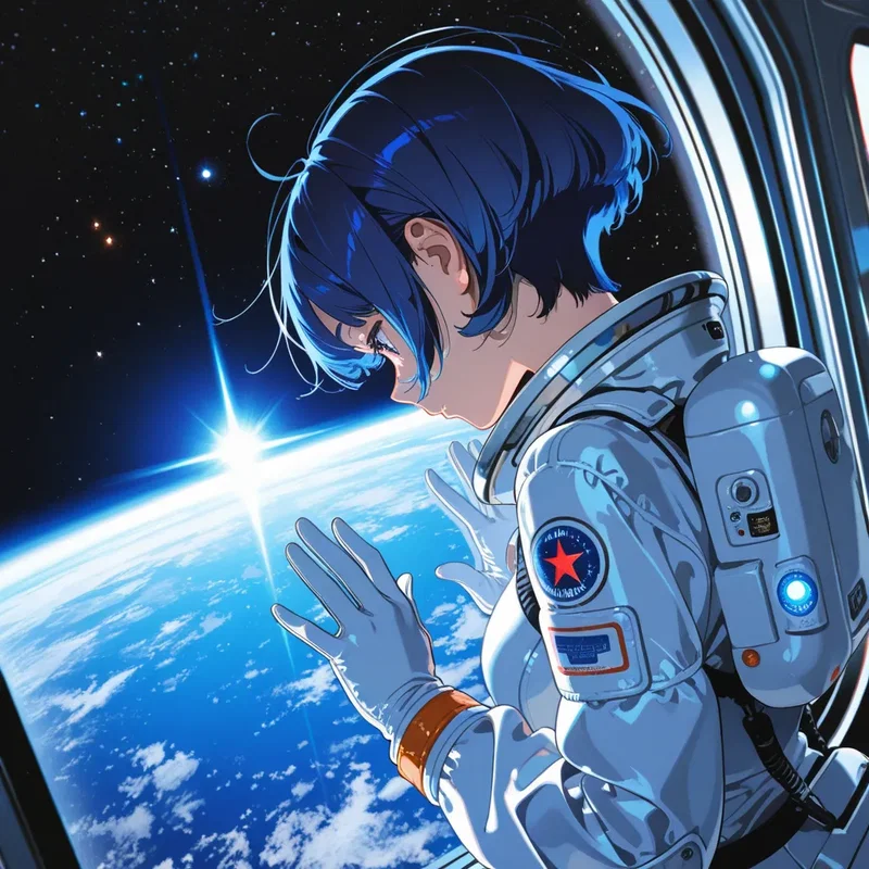 軌道エレベーターの窓から地球を見下ろす女の子