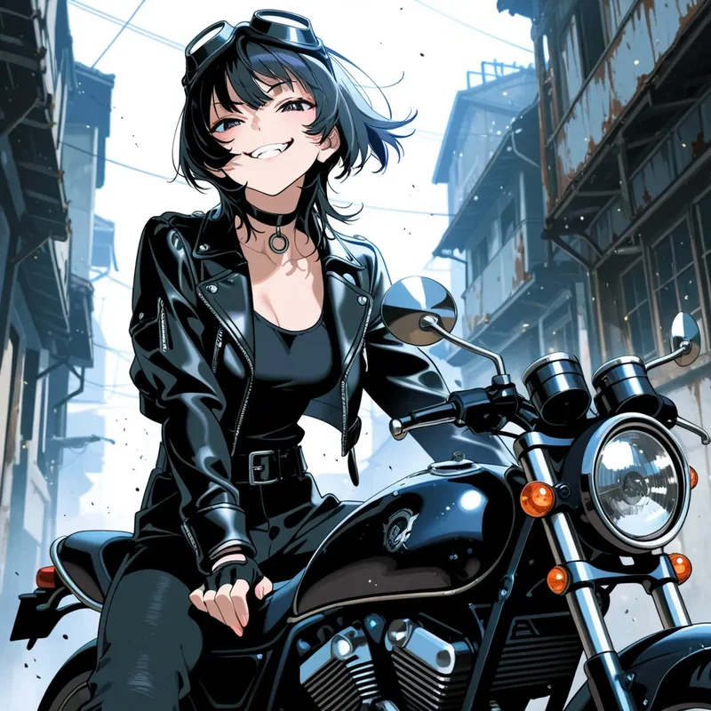 ポストアポカリプス世界で、廃墟のガレージでカスタマイズした大型バイクに跨り、不敵な顔を決めているスカベンジャー少女