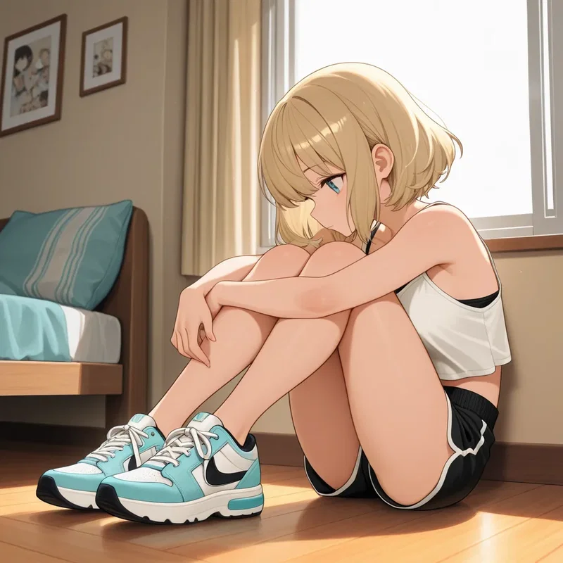 部屋でまっさらなスニーカーを履いて眺める女子