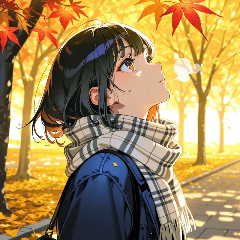 秋の紅葉に見惚れる女の子