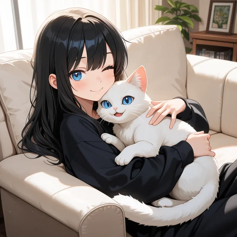 白猫をモフる女の子