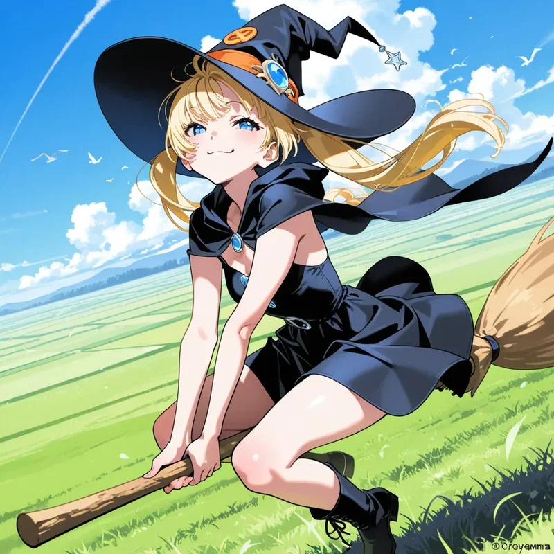ホウキに乗って低空飛行している魔法使いの女の子