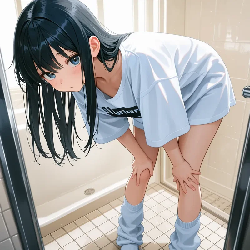 洗面所で屈伸している女の子