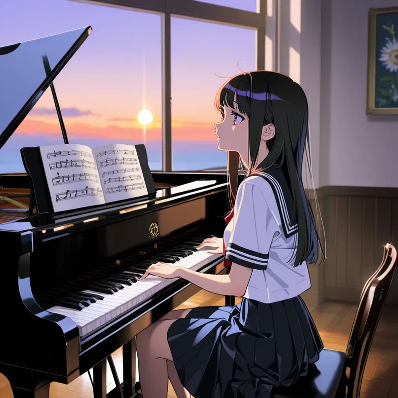 黄昏時の放課後に音楽室で一人ピアノを弾く少女