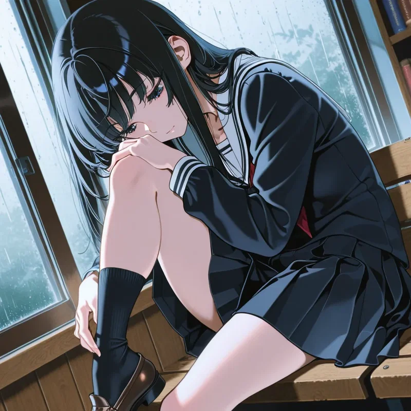 新品のローファーを汚したくない雨の日の女子高生