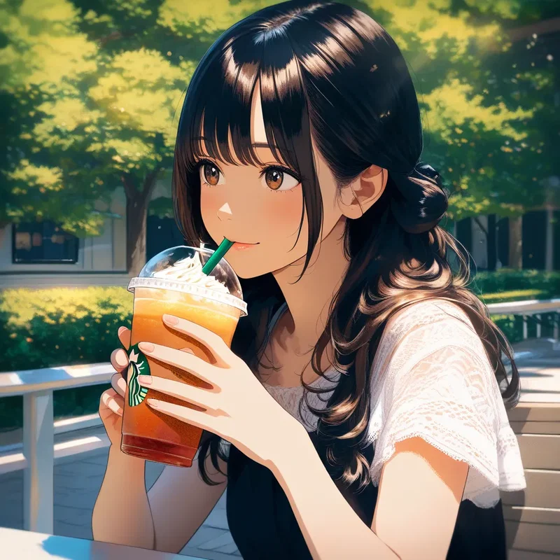 スタバのオープンカフェでくつろぐお姉さん